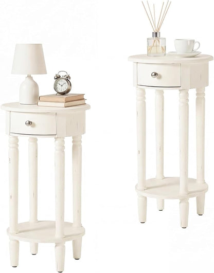 HOMPUS Round End Table with Drawer Set of 2, Rustic Framhouse Nightstand Set 2 by HOMPUS