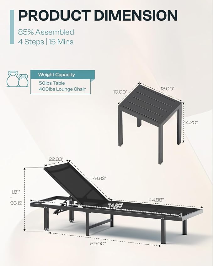 Aluminum Outdoor Lounge Chairs Set of 2, Pool Lounge Chairs - Image 2