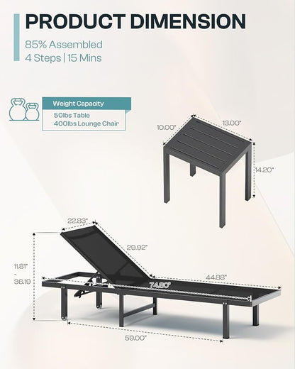 Aluminum Outdoor Lounge Chairs Set of 2, Pool Lounge Chairs - Image 2