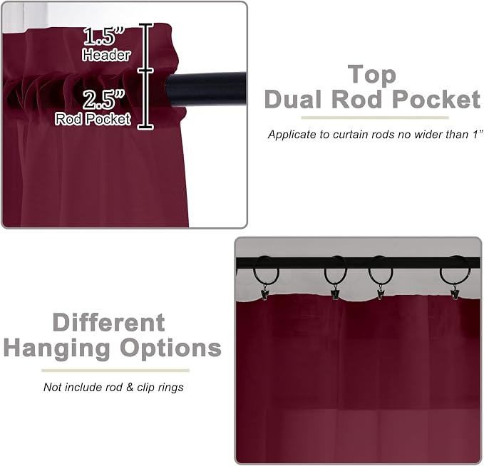 Burgundy Kitchen Curtains 30 Inch Length Tier 2 PCS, Solid Soft Airy Half - Image 4