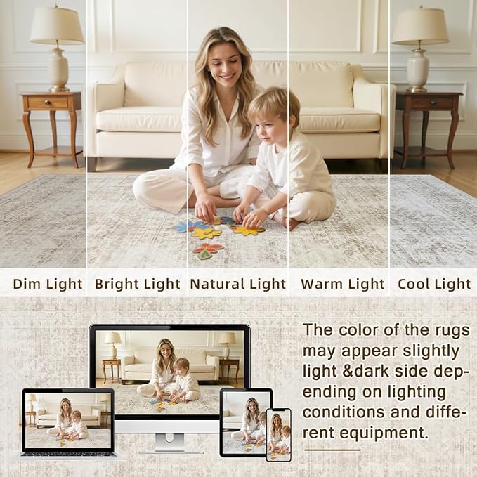 4x6 Area Rugs Living Room: Bedroom Neutral Washable Carpet Brown | Vintage Boho - Image 5