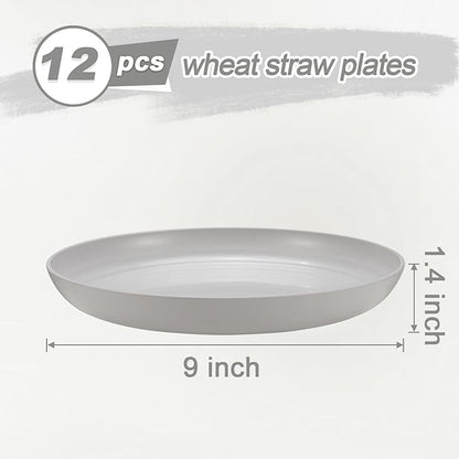 12 Pcs Unbreakable Deep Dinner Plates Set, 9 inch Reusable Plastic Wheat Straw Plates, Microwave and Dishwasher Safe Plate for Kitchen, Lightweight Plate for Dessert, BPA Free, White Gray