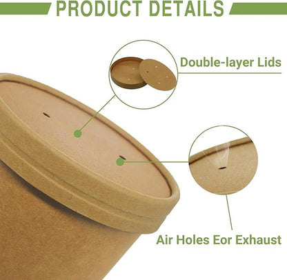 Paper Ice Cream Cups with Paper Lids, Hot/Cold Soup Cups with Lids (Kraft) (50, 12 oz)