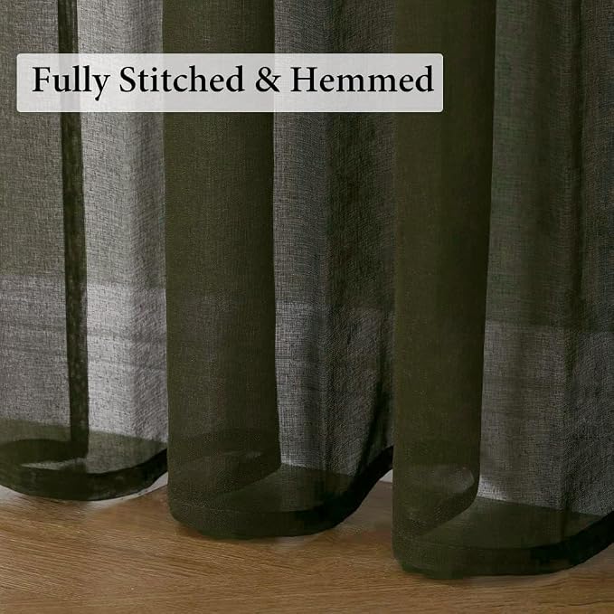 MIULEE Semi Transparent Olive Green Linen Textured Sheer Curtains 42W×63L | - Image 7