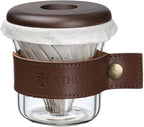 ATHIA glass pour over coffee maker set, minimalist drip coffee maker with reusable cloth filter, glass coffee dripper, walnut lid & leather sleeve for single cup manual brewing (Walnut Wood)