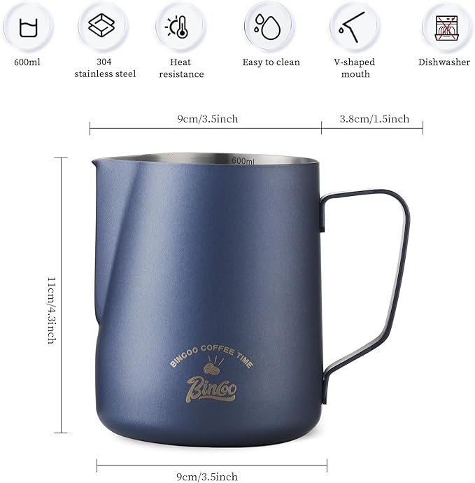 Milk Frothing Pitcher, 20OZ/600ML Stainless Steel Espresso Steaming Pitcher Coffee Milk Frother Cup with Handle and Scale