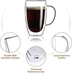 Aurzen 2 Pack Double Walled Glass Coffee Mugs with Handles, Large Insulated Layer Coffee Cups, 15oz Clear Borosilicate Mugs, Perfect for Cappuccino, Tea, Microwave Safe