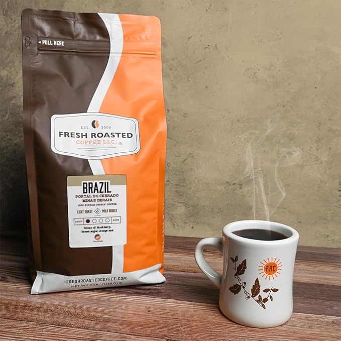 Fresh Roasted Coffee, Brazil Minas Gerais, 5 lb (80 oz), Light Roast, Kosher, Whole Bean