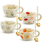 Vesici 4 Styles Cute Ceramic Flower Coffee Mug Set 8. 5 oz Vintage Aesthetic Porcelain Floral Tea Coffee Cup with Handle Dishwasher Microwave Safe for Woman Girls Gifts