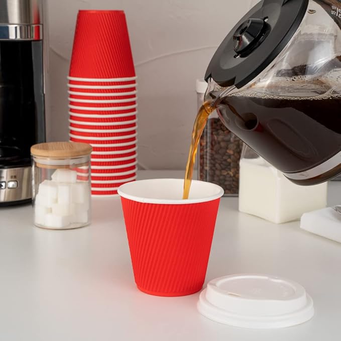 Restaurantware 8 Ounce Double Wall Disposable Coffee Cups, 500 Insulated Red Paper Tumblers with Ripple Wall Design, Lids Sold Separately for Hot Drinks like Tea, Hot Chocolate, and More