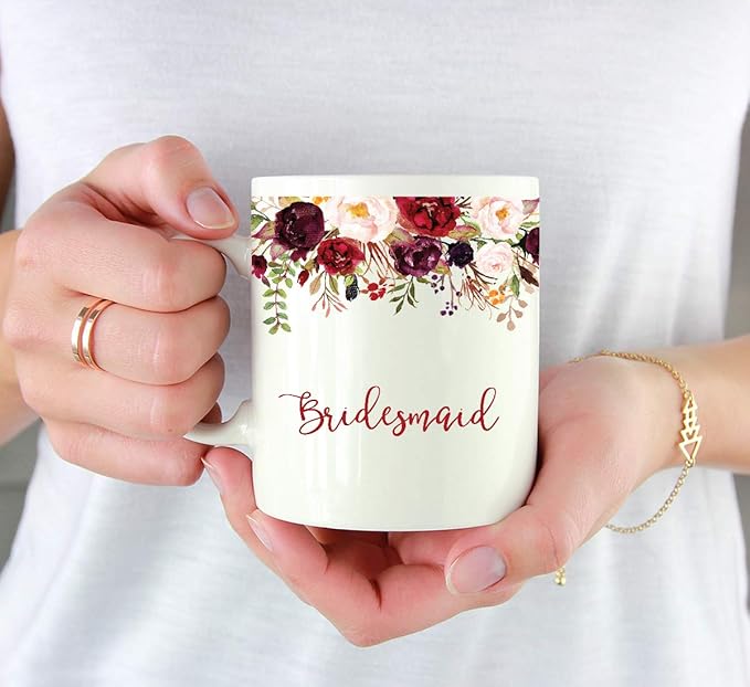 Andaz Press 11oz. Wedding Ceramic Coffee Tea Mug Gift, Fall Autumn Marsala Burgundy Flowers Roses Florals, Bridesmaid, 1-Pack, Includes Gift Box