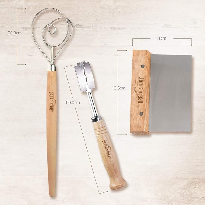 Bread Story Danish Whisk Dough Lame Slashing Tool And Wooden Scraper Tool Used for Pastry Baking Sourdough Starter Kit Set of 3