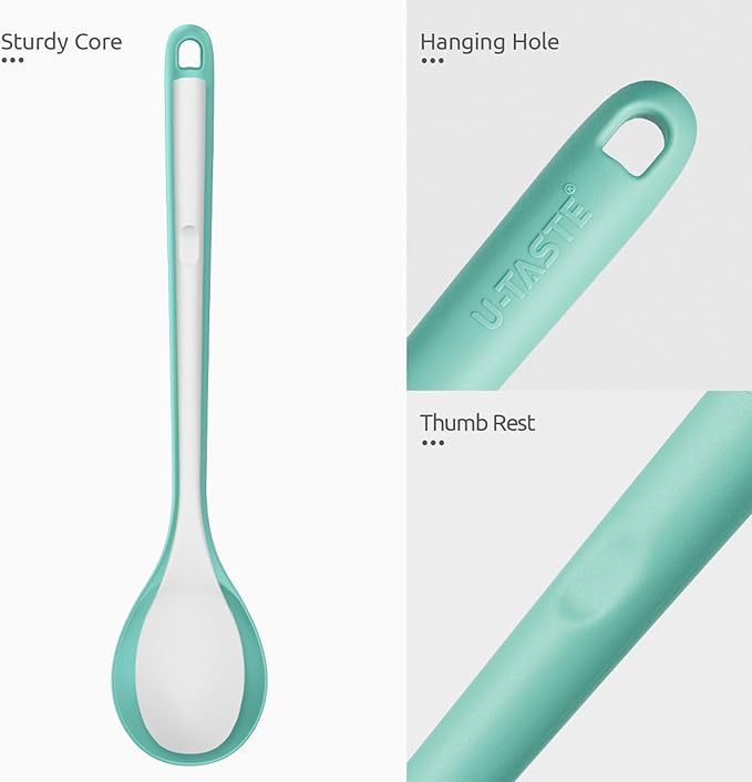 600ºF Heat Resistant Silicone Spoons: U-Taste 13.3in Solid & Slotted Kitchen Cooking Tool, Nonstick Long Rubber Utensil, Sturdy for Mixing, Serving, Stirring, Frying, Basting (Aqua Sky, 2PCS)