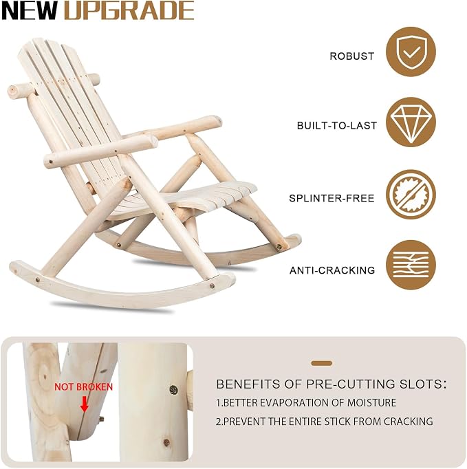 Outvita Wooden Rocking Chair, Fir Log Adirondack Rocker, Outdoor Wood Accent - Image 4