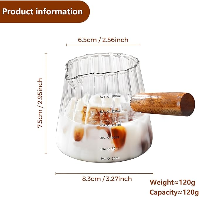 YARRAMATE 6 oz/180ML Glass Measuring Cup with Wooden Handle – Espresso Shot Cups, Ribbed Milk Frothing Pitcher, Dual Scale Markings, V-Shaped Mouth for Easy Pouring