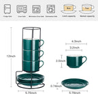 YOLIFE 8oz Porcelain Stackable Cappuccino Cups with Saucers and Metal Stand Set of 4, Coffee cups for Espresso, Specialty Coffee Drinks, Latte, Americano and Tea - Green