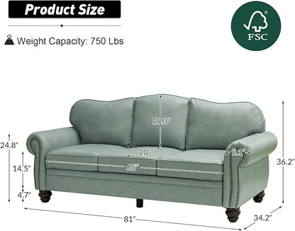 81" Genuine Leather Sofa, Classic 3-Seater Couchs - Image 2