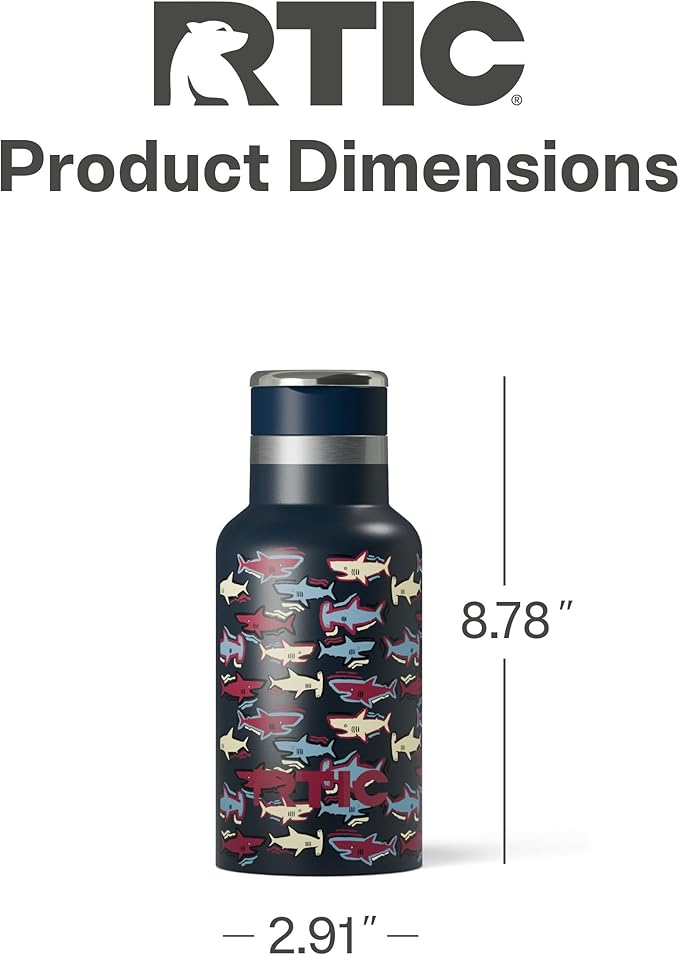 RTIC Little Journey Bottle with Straw, Insulated, Stainless Steel, Metal, Double Wall Vacuum-Insulation, Ceramic-Lined, Leak-Proof Lid, BPA-Free Water Flask for Sports, Travel, Navy Sharks