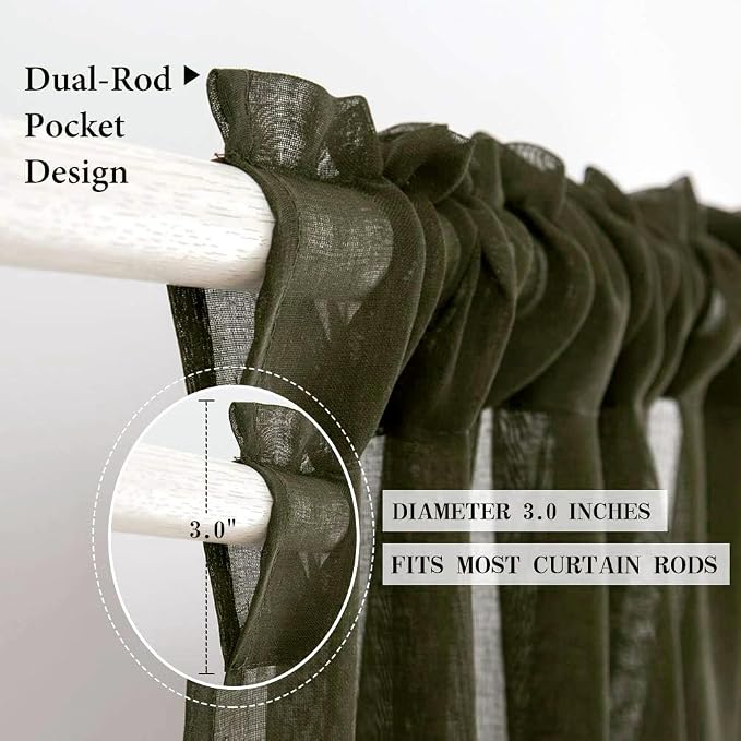 MIULEE Olive Green Linen Textured Semi-Sheer Curtains 54W×63L 2 Panels | Semi - Image 2