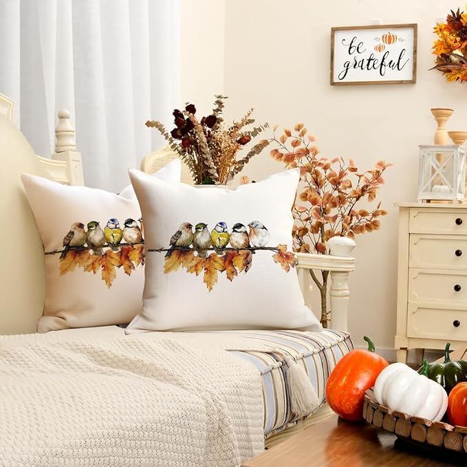 RABUSOFA Fall Pillow Covers 20x20 Inch Watercolor Bird Autumn Decorations - Image 5