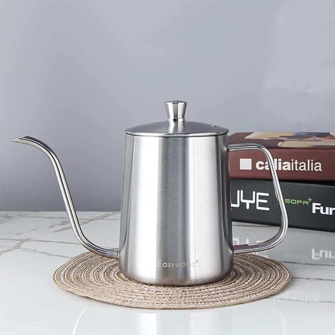 Easyworkz Gage Gooseneck Pour Over Coffee Kettle 20 oz Stainless Steel Hand Drip Long Narrow Spout, Silver