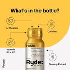 Ryde: Focus Shot | Orange Flavor | L-Theanine & Ginseng | Green Tea Caffeine | Vitamins B2 & B7 | 0 Calories, 0 Sugar | 2 FL OZ Shots | Supports Focus* (8 Pack)