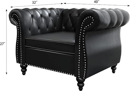 3 Piece Living Room Set, Chesterfield Leather Sofa Loveseat Couch Chair - Image 8
