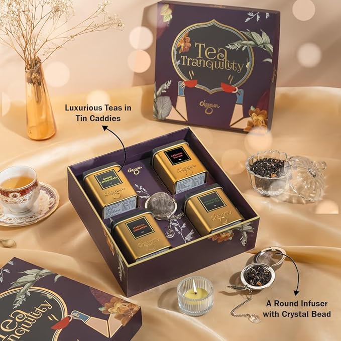 CHAYAM Tea Tranquility Gift Box – 4 Premium Loose Leaf Teas + Stainless Steel Infuser – Wellness Tea Gift – Green, Masala, Kahwa, Ginger Lemongrass – 125+ Cups / 8.82 oz