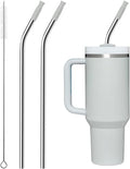 Repeatable Metal Straw with Silicone Tips for 40 oz Stanley Tumbler, 2 Pcs 40 oz Stainless Steel Straws Replacement for Stanley Tumbler, 1 Straw Brush, BPA Free（Light Gray）