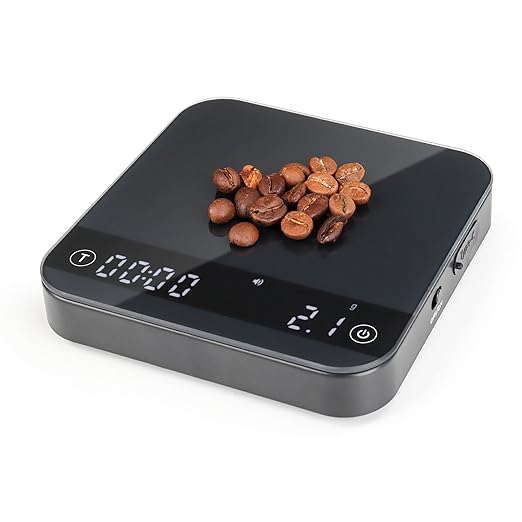 KitchenTour CaféMetric Coffee Scale with Timer 0.1g/2000g - Precision Small Scale for Espresso & Pour Over - Mini Scale with Rechargeable Battery, LCD Display - Black