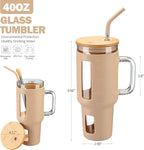 Kodrine 40 oz Glass Tumbler with Handle, Iced Coffee Tumbler with Straw and Bamboo Lid, Glass Drinking Cup with Silicone Sleeve Time Marker, Water Bottle Dishwasher Safe, Cup Holder Friendly, Amber