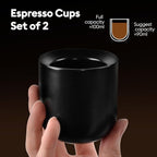 A set of 2 matte black ceramic espresso cups, thickened cup walls, slanted mouth design, each with a capacity of 3 ounces, hand washable only