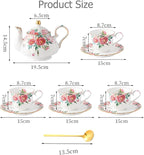 Bone China Tea Set, Vintage Floral Coffee Cups and Tea Sets, Porcelain Tea Set With Teapot for Women Tea Party British, Christmas Gifts(Pink)