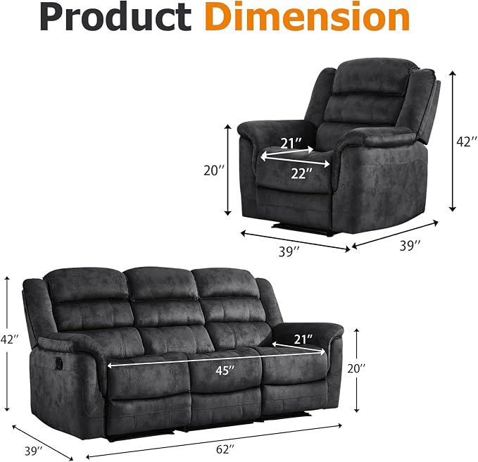 EBELLO 2 Pieces Reclining Couch Furniture Set, Soft Fabric Manual Recliner Sofa - Image 2