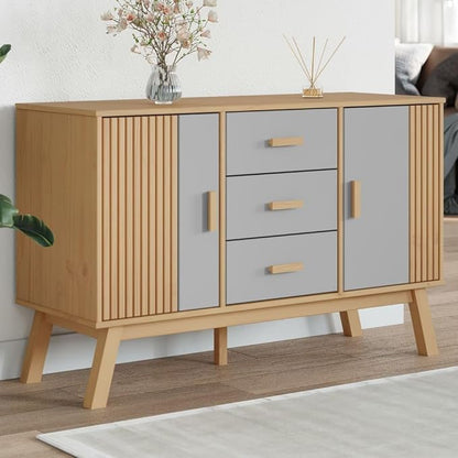 Grey and Brown Sideboard with 3 Drawers and 2 Cabinets Solid Pine Wood by Unknown
