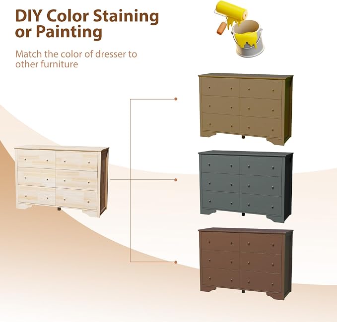 VINGLI 6 Drawer Dresser with Unfinished Solid Wood - Image 6