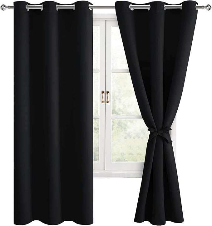 Blackout Curtains for Bedroom, 42 x 63 Inches Length Black 2 Panels | Thermal by Hiasan
