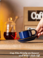 Gomakren 2.5 Ounce Espresso Cups Set of 4, Small Stackable Coffee Cups with Saucers and Metal Stand, Porcelain Demitasse Cups for Specialty Coffee Drinks, Espresso, Cappuccino, Latte, Tea, Cobalt Blue