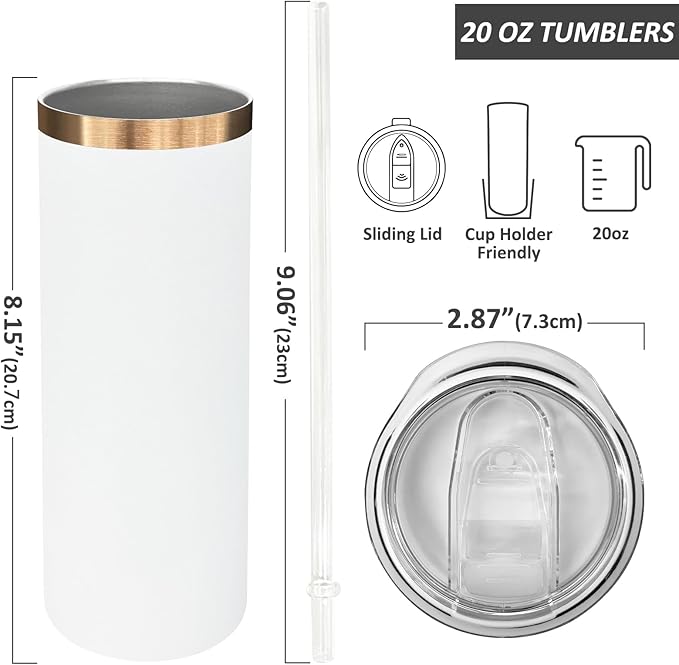20 oz Skinny Tumblers Bulk, Stainless Steel Insulated Tumbler with Lids and Straws, Slim Double Wall Powder Coated Travel Coffee Mugs, Reusable Cup for Hot and Cold Drinks (White,1 pack)