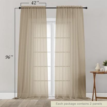 Taupe Sheer Curtains for Bedroom Living Room 96 Inches Long 2 Panels, Modern - Image 2