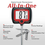 BOMATA Candy Thermometer with Pot Clip, Instant Read Cooking Thermometer with 8" Long Probe, Rotating Display, for Candy Making, Food, Candle Making, Liquids, Water, Baking, Sugar, Grilling. Black