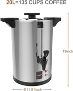 Valgus Commercial Stainless Steel Coffee Urn 135-Cup 20L Large Capacity Coffee Maker Hot Water Urn with Percolator Automatic Temperature Control for Large Events, Parties, Weddings