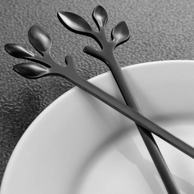 AnSaw 8-Pack Elegant Black Leaf 4.7" Espresso Spoons - Stainless Steel, Perfect for Coffee, Demitasse, Dessert & Tea, Mini Size for Small Servings
