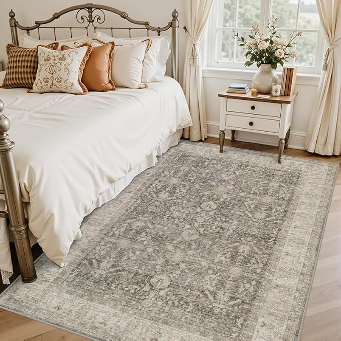 5x7 Area Rugs Living Room: Bedroom Washable Carpet Warm Taupe | Large Vintage - Image 2