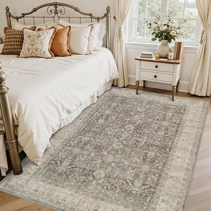5x7 Area Rugs Living Room: Bedroom Washable Carpet Warm Taupe | Large Vintage - Image 2