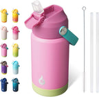 BJPKPK Insulated Water Bottle with Straw Lid, 12oz Thermos Water Bottles, Flex Handle & Non-slip Boot, BPA Free Leak Proof Stainless Steel Metal Thermos, Tumblers, Cups,Rose Pink