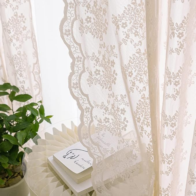 YJ YANJUN Vintage Lace Curtains 72 inchLength Romantic Flowers Sheer Pink Lacy by YJYANJUN