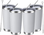 MEWAY 20oz Tumbler 4 Pack Double Wall Vacuum Insulated Travel Mug Bulk, Stainless Steel Tumblers with Lid and Straw, Durable Powder Coated Coffee Cups for Cold & Hot Drinks (White, 4)