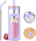 Kodrine 24oz Glass Tumbler with 2 Lids and Straws, Glass Cup With Bamboo Lid and On-the-go Lid, Reusable Iced Coffee Cup, Ideal for Smoothie, Cold Drinks, Fit Cup Holder, BPA Free (1, Purple)