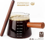 Double V-Spout Espresso Shots Cup (6OZ) with Wooden Handle - Left & Right Handed | Milk Frothing Pitcher & Measuring Cup | Espresso Accessories Set with Bonus Walnut Stirrer